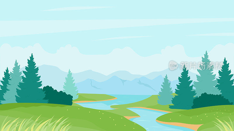 River summer landscape, cartoon natural peaceful scenery with calm river waters, green grass hills
